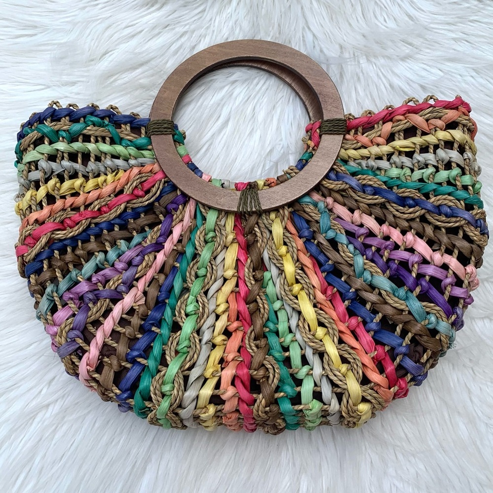 Vintage T. Cappelli Colorful Boho Straw Woven Round Wooden Handle Hand Bag Purse